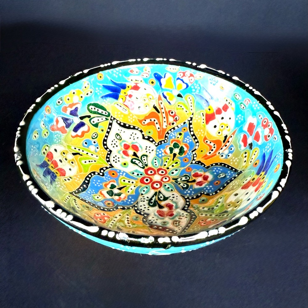 Vintage Turkish Decorative Bowl Teal, Yellow Blue Handmade Trinket Dish 5x2”
